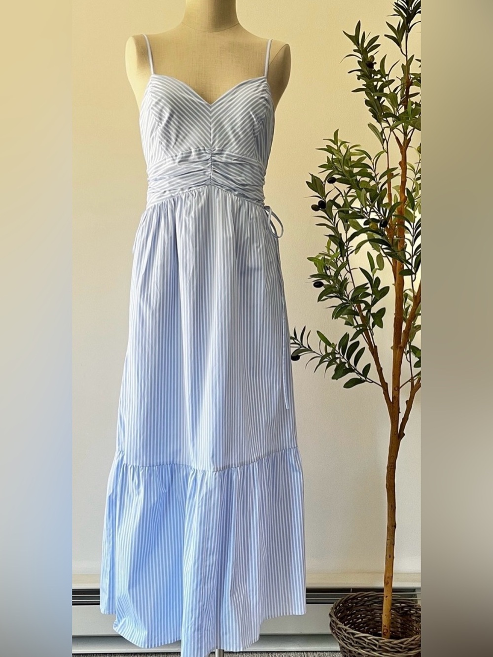 NWOT Express Light Blue Stripe Spaghetti Strap cotton poplin Maxi Dress